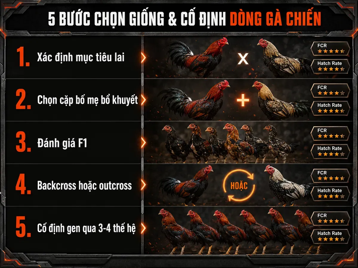 <vi SEO>Infographic hướng dẫn 5 bước chọn lọc gà Mỹ, kèm nhãn FCR và Hatch Rate, gà F1 oai vệ, phong cách dark combat
