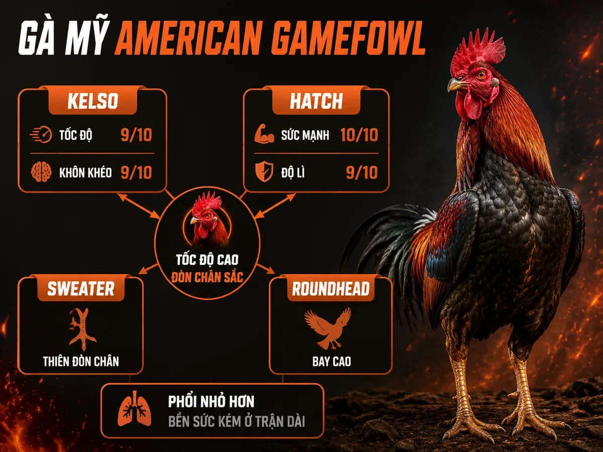 Infographic tổng quan gà Mỹ American gamefowl gồm Kelso Hatch Sweater Roundhead và đặc điểm thi đấu