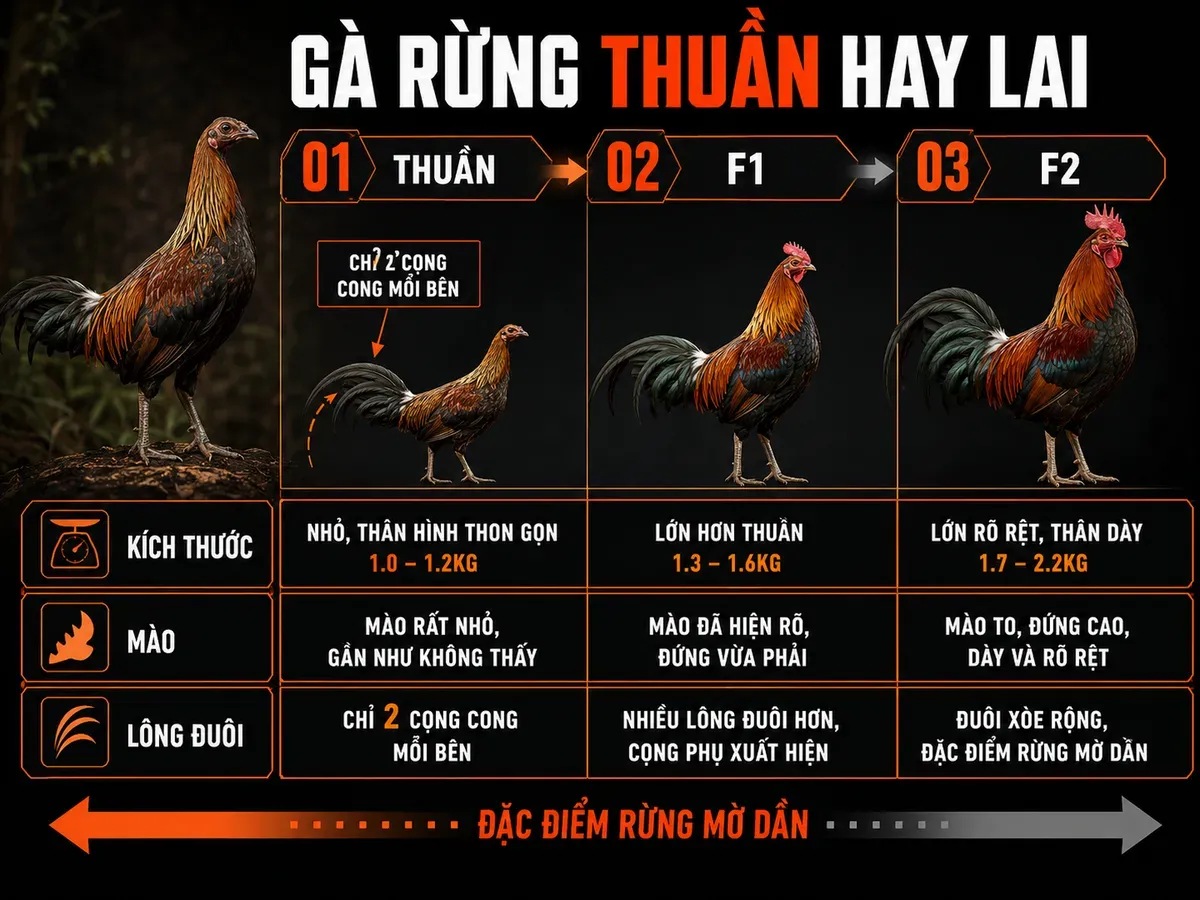 So sánh gà rừng thuần F1 F2 qua kích thước mào và cấu trúc lông đuôi
