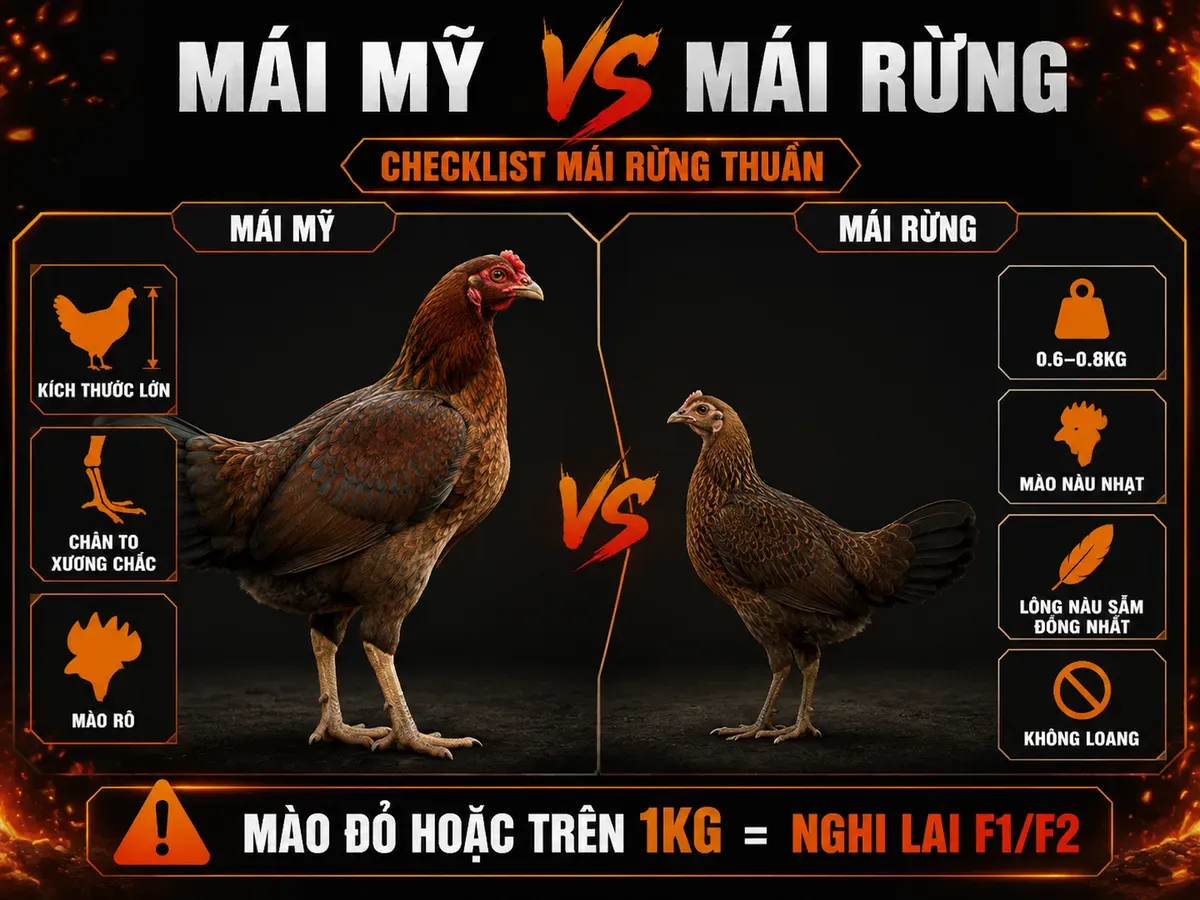 So sánh nhận diện gà mái Mỹ rặc và gà mái rừng thuần qua kích thước, mào, lông và cân nặng