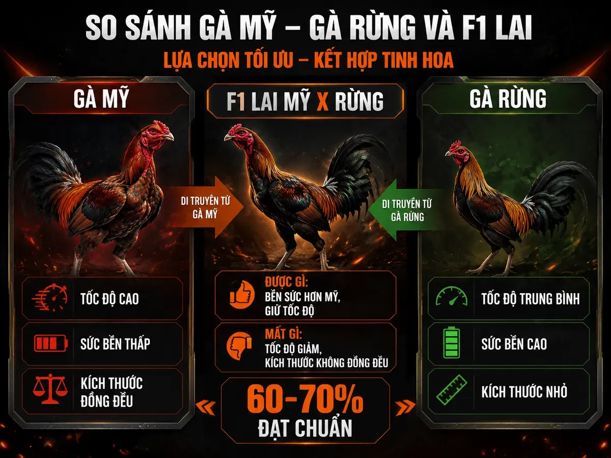 Minh họa so sánh gà Mỹ, gà rừng và F1 lai về tốc độ, sức bền và kích thước