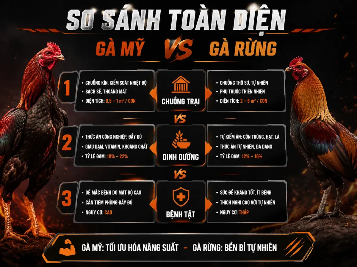 So sánh đặc điểm nuôi gà Mỹ và gà rừng về chuồng trại, dinh dưỡng và sức khỏe.