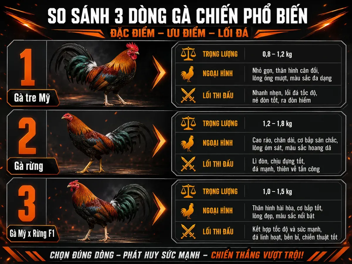 So sánh Gà tre Mỹ, Gà rừng, Gà Mỹ x Rừng F1 với nhãn ngoại hình, cân nặng và lối thi đấu