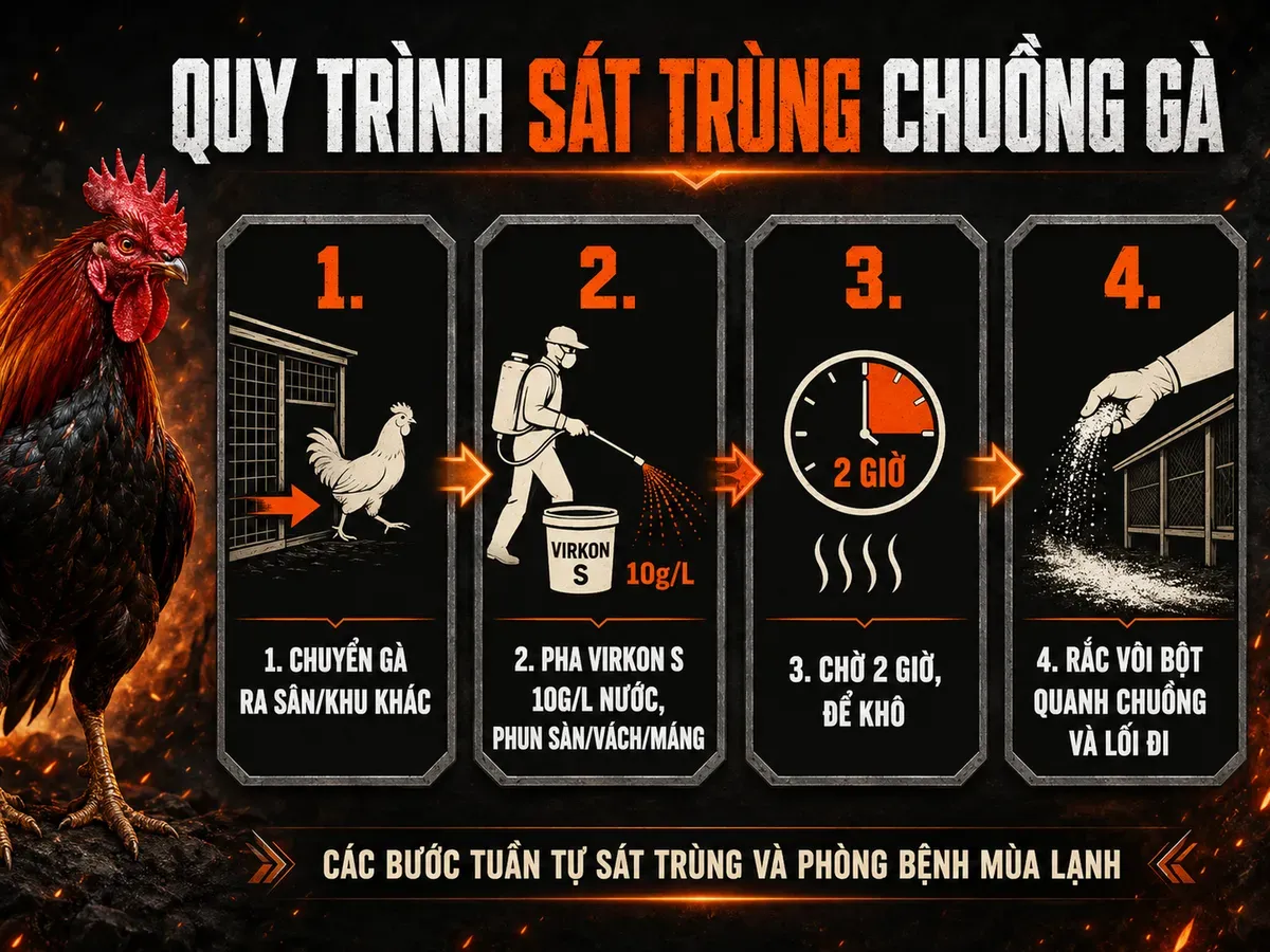 Hướng dẫn sát trùng chuồng gà mùa lạnh, quy trình tuần tự tại trại Nghĩa Gò Công