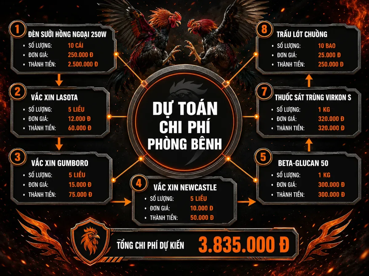 Dự toán chi phí phòng bệnh mùa lạnh cho 100 con gà chiến tại Nghĩa Gò Công, bảng chi tiết từng hạng mục