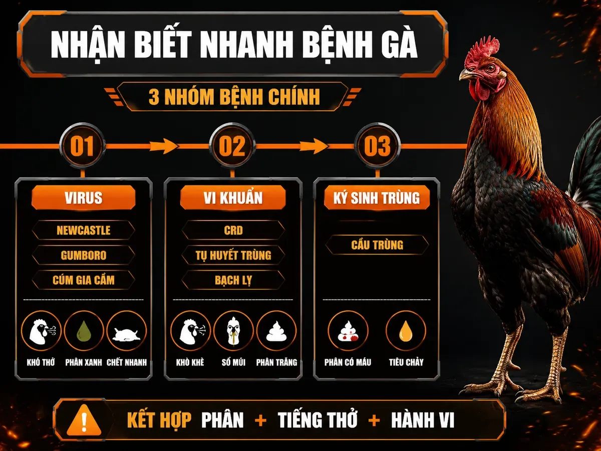 Infographic phân biệt bệnh virus, vi khuẩn và ký sinh trùng ở gà qua triệu chứng phân, tiếng thở và mức độ nguy hiểm