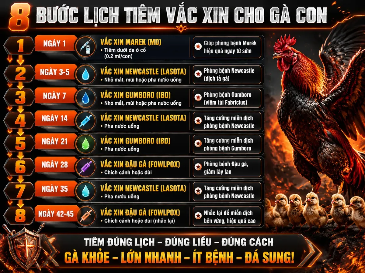 Infographic lịch tiêm vắc xin 45 ngày cho gà con, từng mũi có ngày, vắc xin và cách dùng