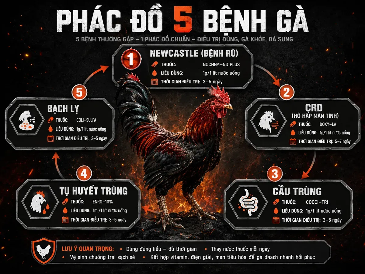 Phác đồ điều trị 5 bệnh phổ biến ở gà chiến với diagram vòng tròn, nhãn thuốc, số ngày, hướng dẫn chăm sóc