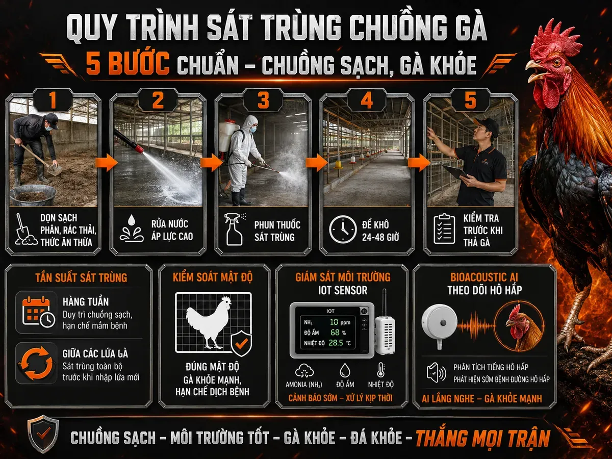 Quy trình sát trùng chuồng trại cho gà chiến, 5 bước, tần suất, kiểm soát mật độ, IoT và AI
