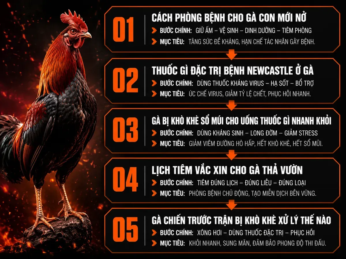 Infographic hướng dẫn phòng và trị bệnh gà chiến, gà con và gà thả vườn