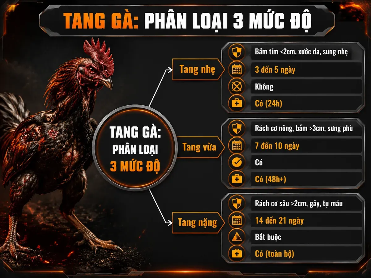 Diagram phân loại tang gà đá: Tang nhẹ, vừa, nặng, triệu chứng, hồi phục, tiêm thuốc, cách ly, minh họa trực quan