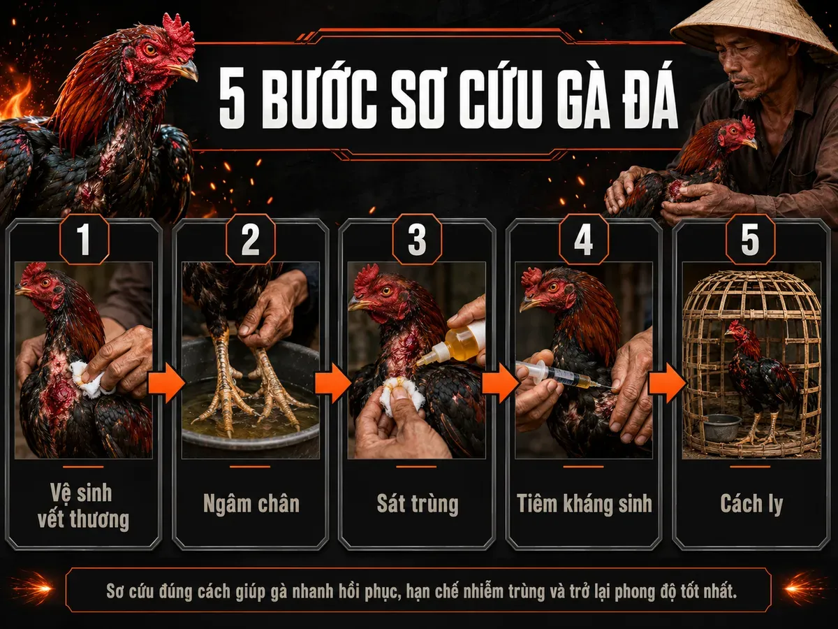 Quy trình 5 bước sơ cứu gà đá sau thi đấu, hướng dẫn từ vệ sinh vết thương đến cách ly, trực quan, dễ hiểu