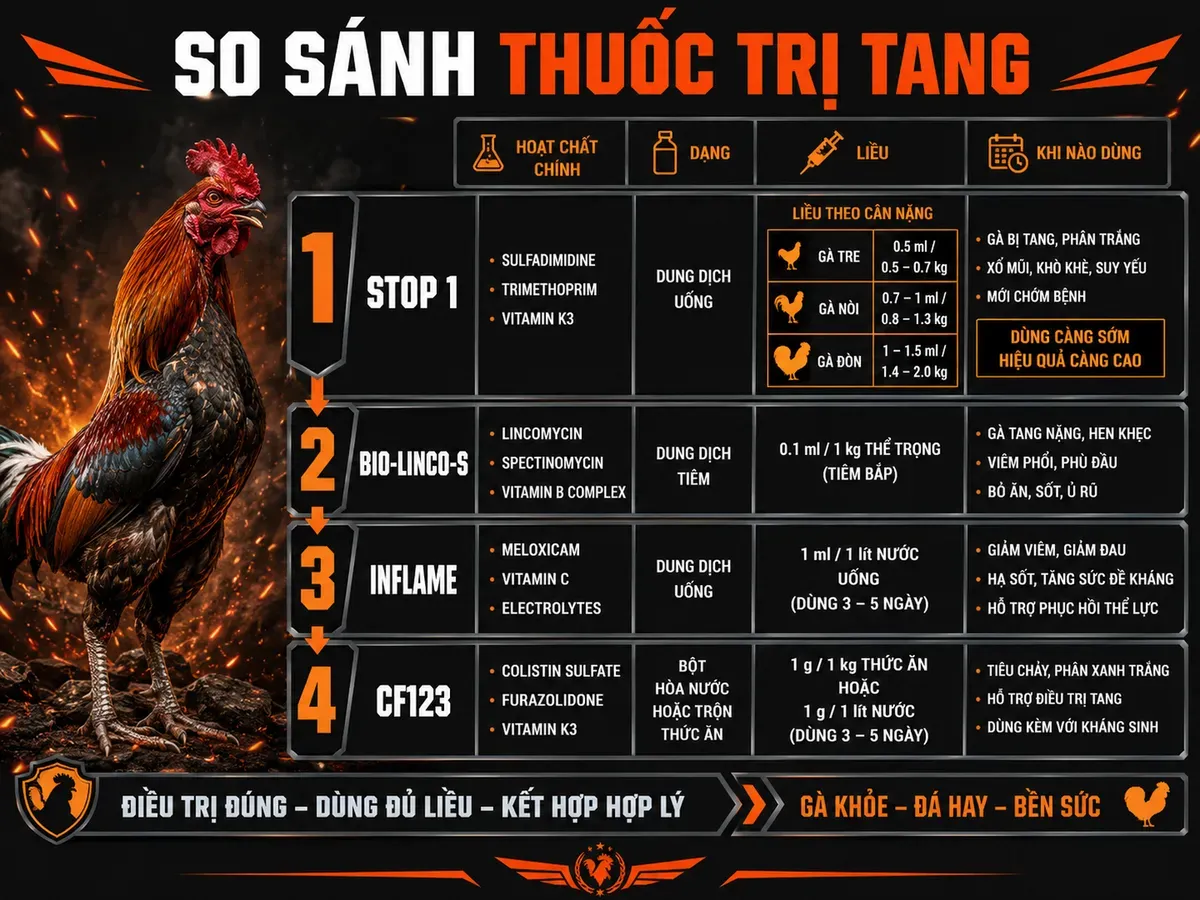 So sánh 4 loại thuốc trị tang gà đá, bảng liều Stop 1 theo cân nặng, minh họa gà chiến Gò Công