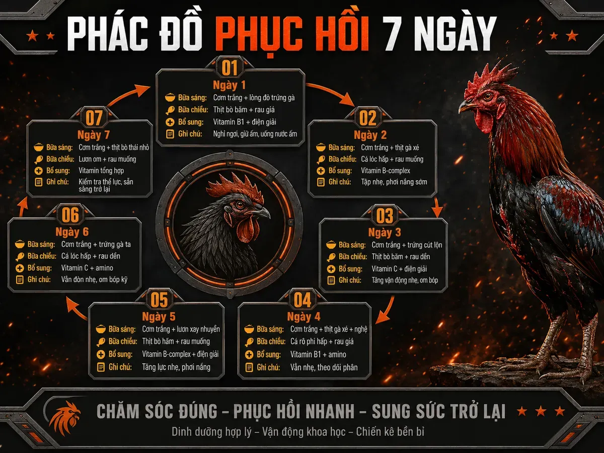 <vi SEO>Infographic phác đồ dinh dưỡng phục hồi 7 ngày cho gà đá, từng bữa từng ngày, giai đoạn hạ sốt, phục hồi và tăng cường