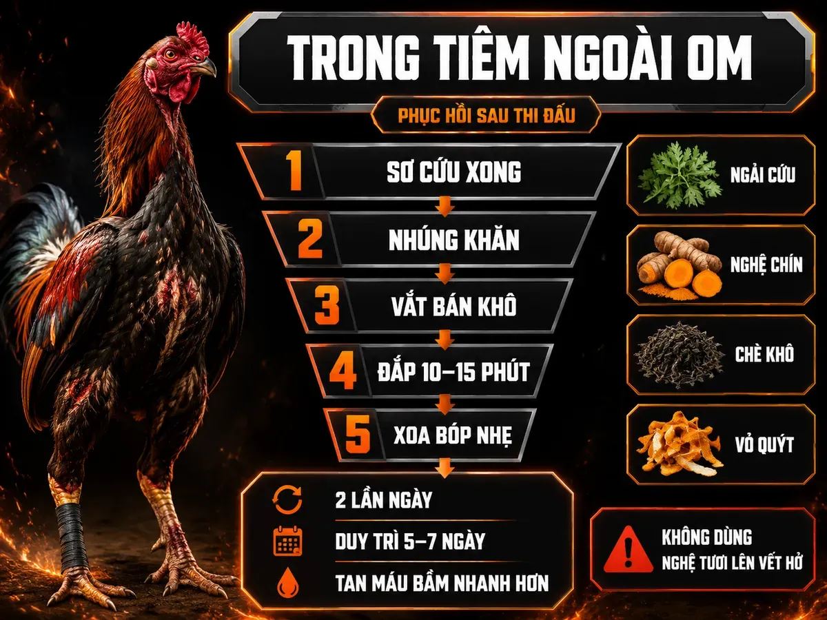 Infographic quy trình om bóp thảo dược cho gà đá sau thi đấu, kết hợp trong tiêm ngoài om theo hướng dẫn thực chiến.