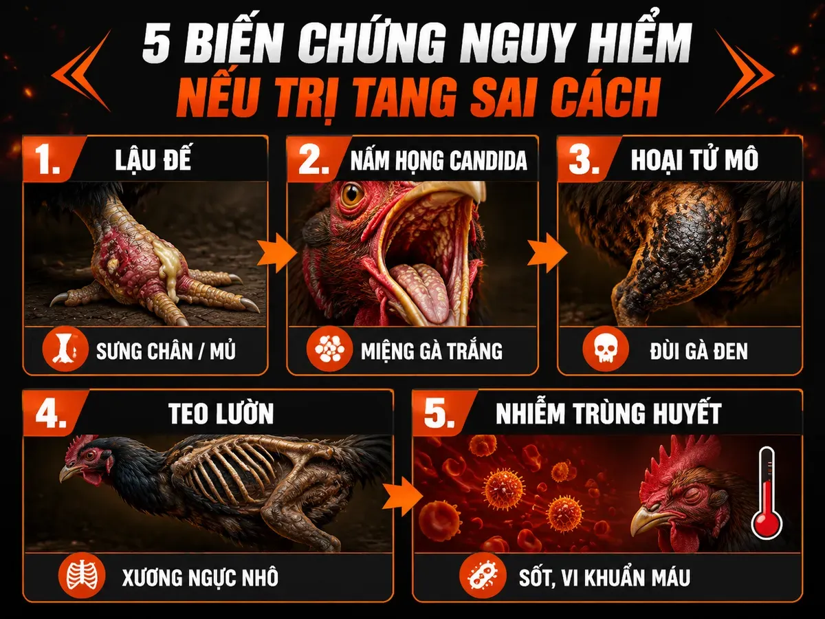 5 biến chứng nguy hiểm nếu trị tang gà đá sai cách, với biểu tượng và nhãn thông tin từng biến chứng