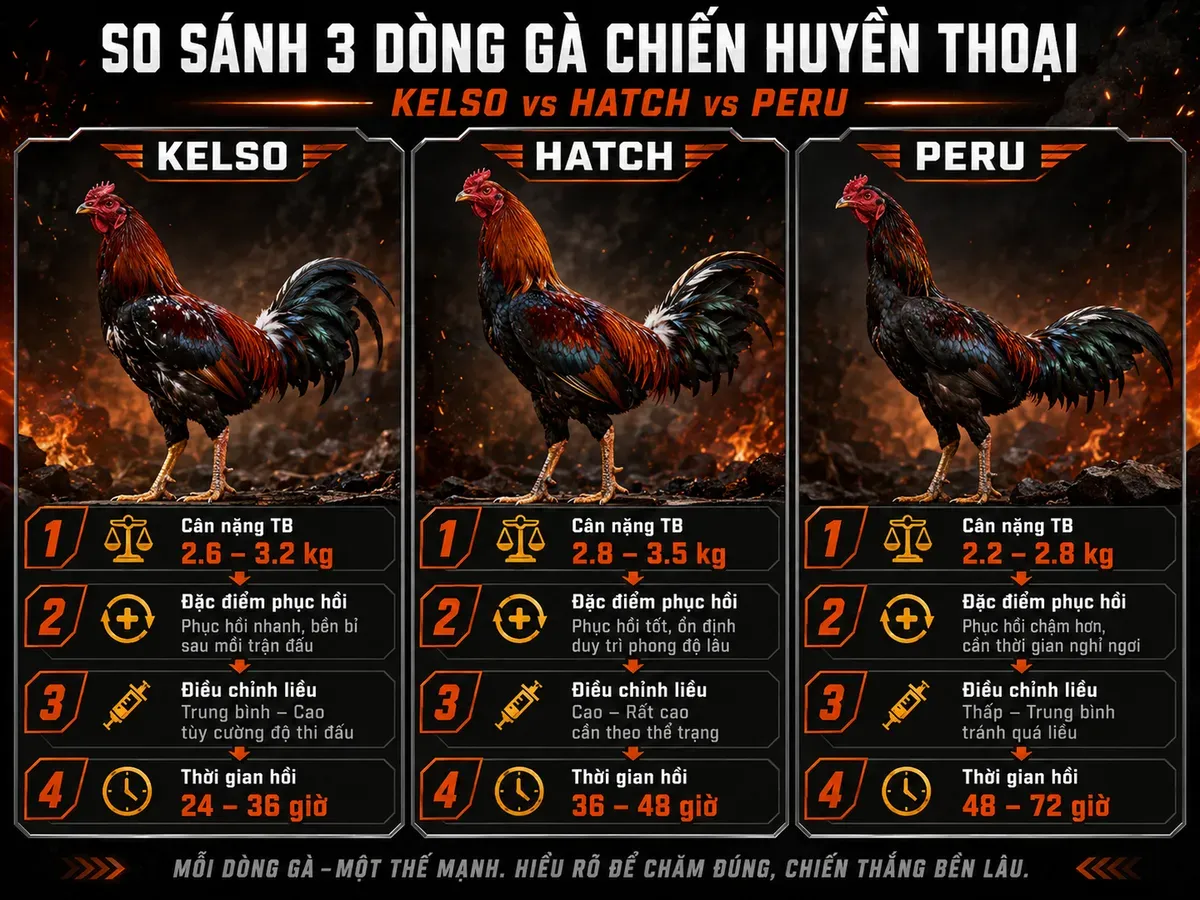 <vi SEO>So sánh phác đồ phục hồi gà Kelso, Hatch, Peru sau đấu, theo cân nặng, đặc điểm tang và liều thuốc