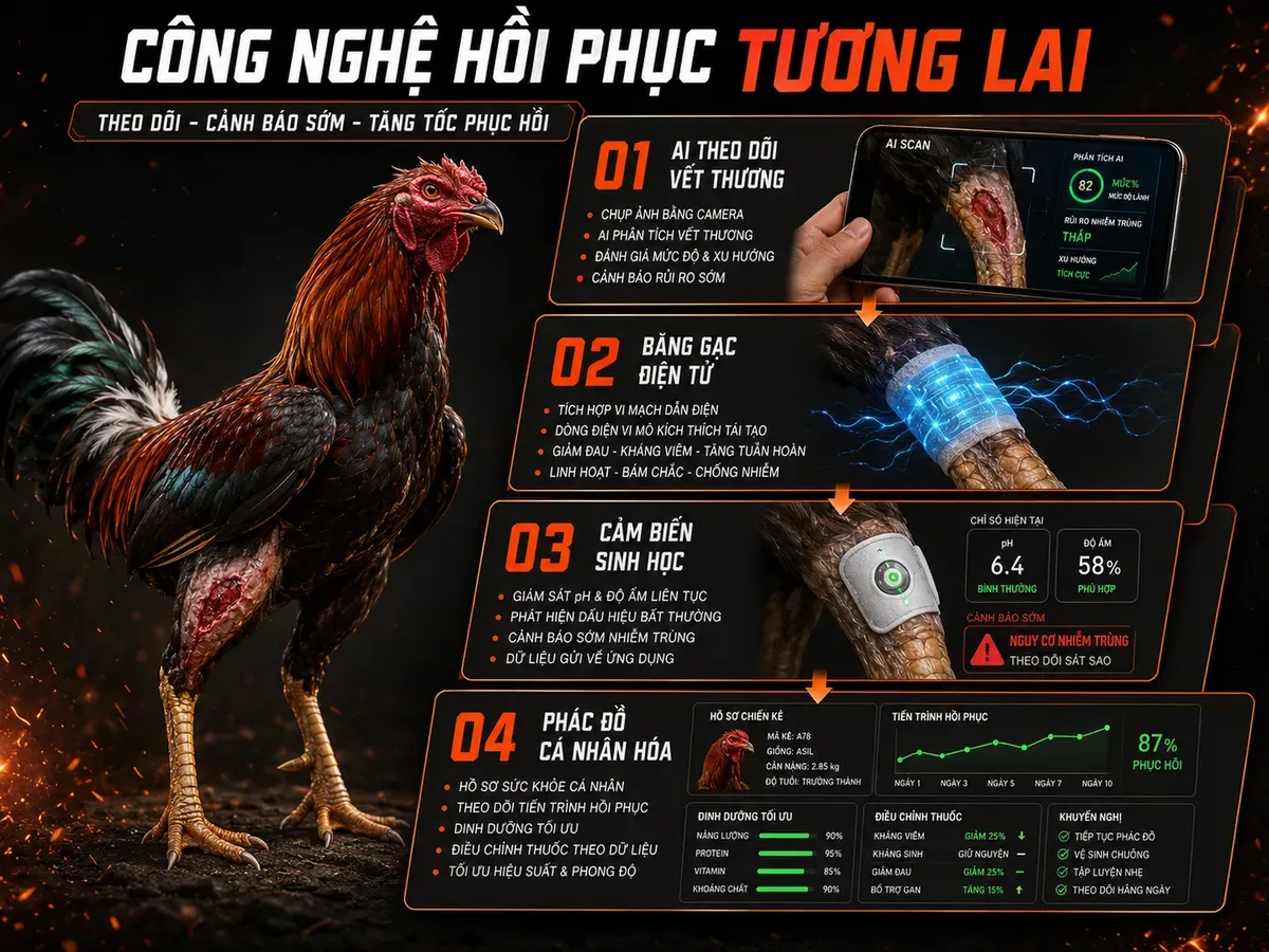 Infographic công nghệ tương lai điều trị tang gà đá gồm AI theo dõi vết thương, băng gạc điện tử, cảm biến sinh học và phác đồ cá nhân hóa.