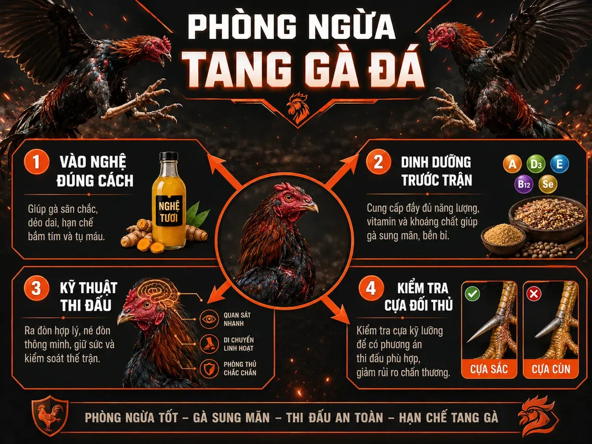 Sơ đồ phòng ngừa tang gà đá, các biện pháp vào nghệ, dinh dưỡng, kỹ thuật thi đấu và kiểm tra cựa