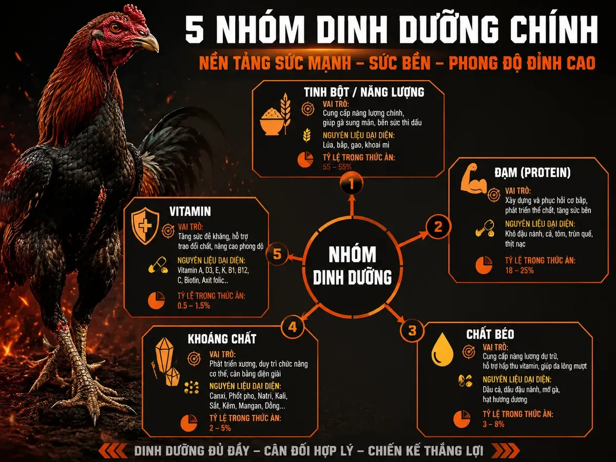 Minh hoạ các nhóm dinh dưỡng cho gà chiến, nhánh tinh bột, đạm, chất béo, khoáng, vitamin, ảnh gà chiến oai vệ, infographic radial