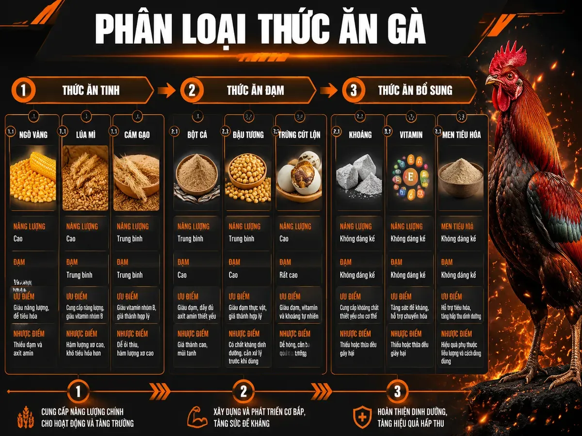 Minh họa so sánh các loại thức ăn phổ biến cho gà chiến, gồm tinh, đạm, bổ sung với nhãn và số liệu rõ ràng.