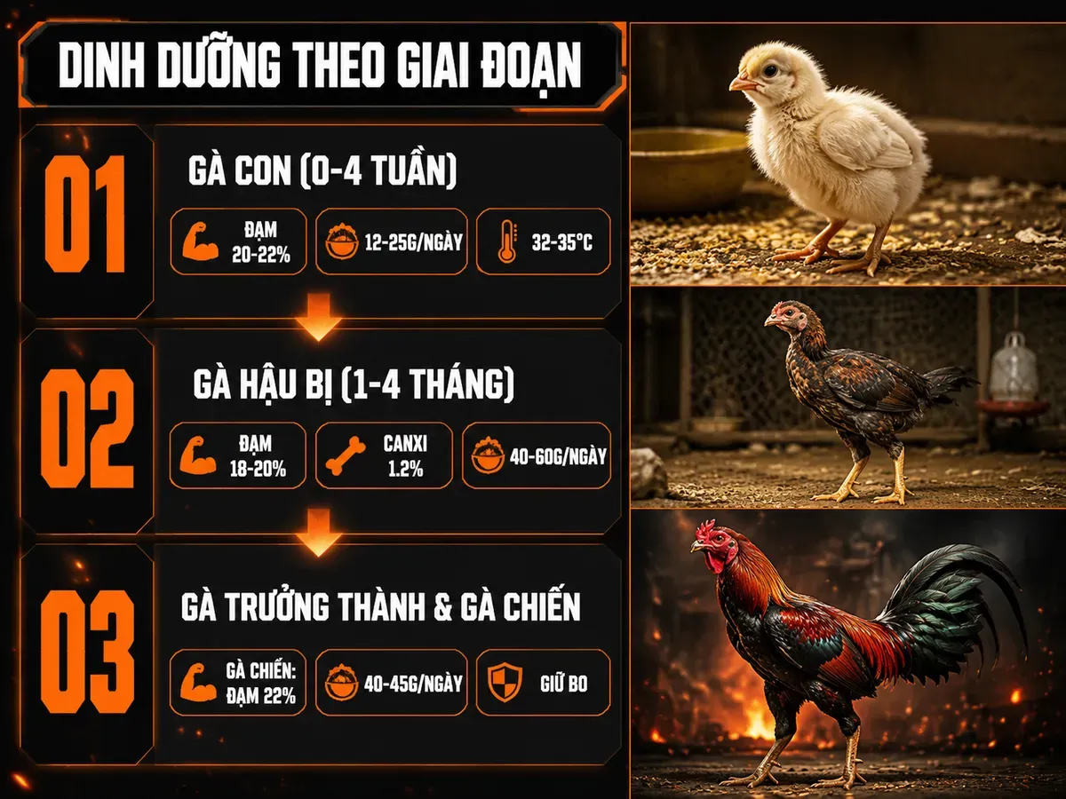 Infographic so sánh nhu cầu dinh dưỡng theo giai đoạn tuổi của gà từ gà con đến gà chiến