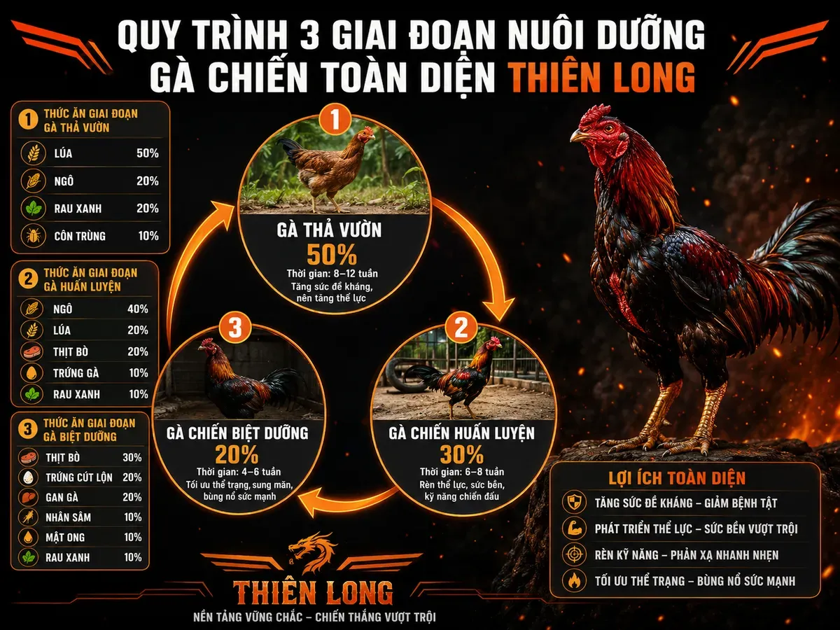 <vi SEO>Diagram vòng tròn công thức phối trộn thức ăn cho gà thả vườn và gà chiến, tỷ lệ nguyên liệu và giai đoạn ăn