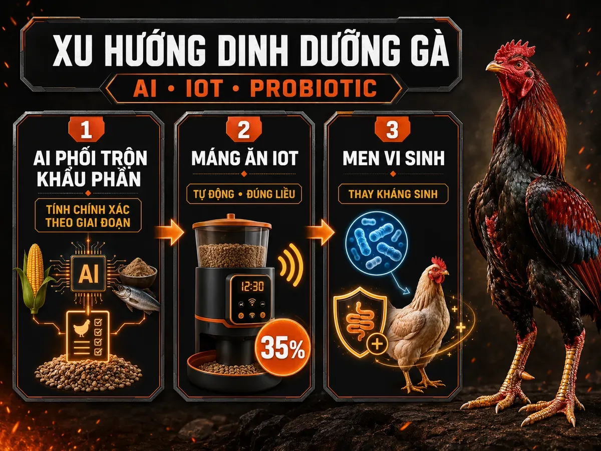 Infographic xu hướng dinh dưỡng gia cầm với AI phối trộn thức ăn, máng ăn IoT và men vi sinh cho gà