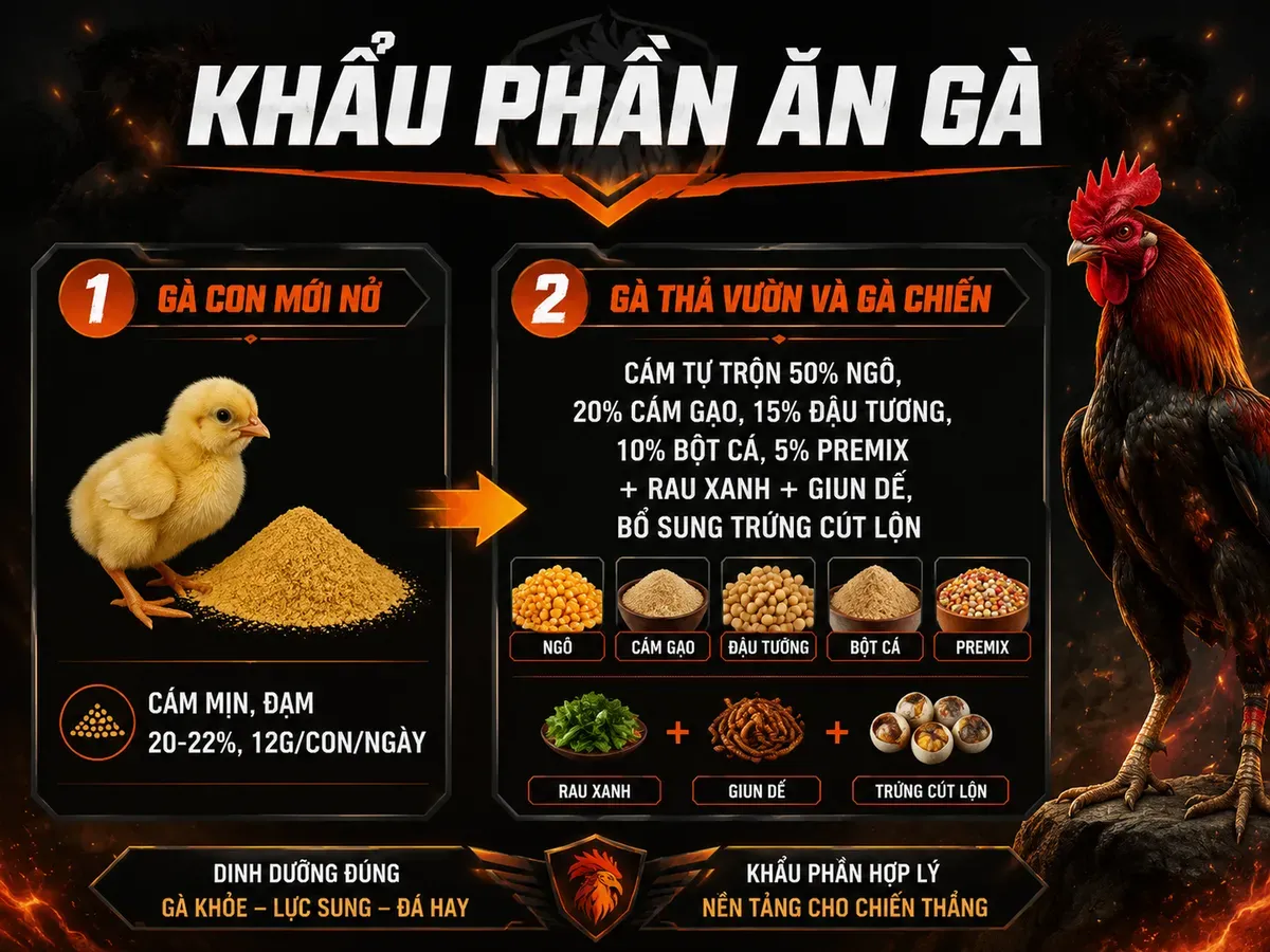 Khẩu phần ăn gà chi tiết theo giai đoạn, từ gà con đến gà thả vườn và gà chiến, infographic chia trái-phải, nhãn dễ đọc, gam màu tối combat