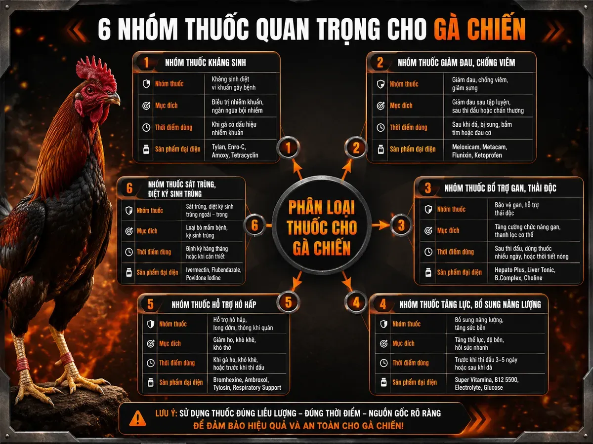 <vi>Infographic phân loại thuốc gà chiến, mục đích sử dụng, thời điểm dùng và sản phẩm đại diện</vi>