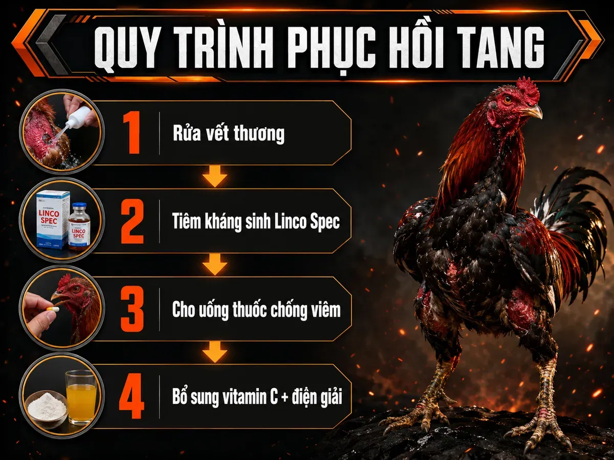 Quy trình phục hồi tang cho gà chiến gồm rửa vết thương, tiêm kháng sinh, cho uống thuốc chống viêm và bổ sung vitamin C + điện giải