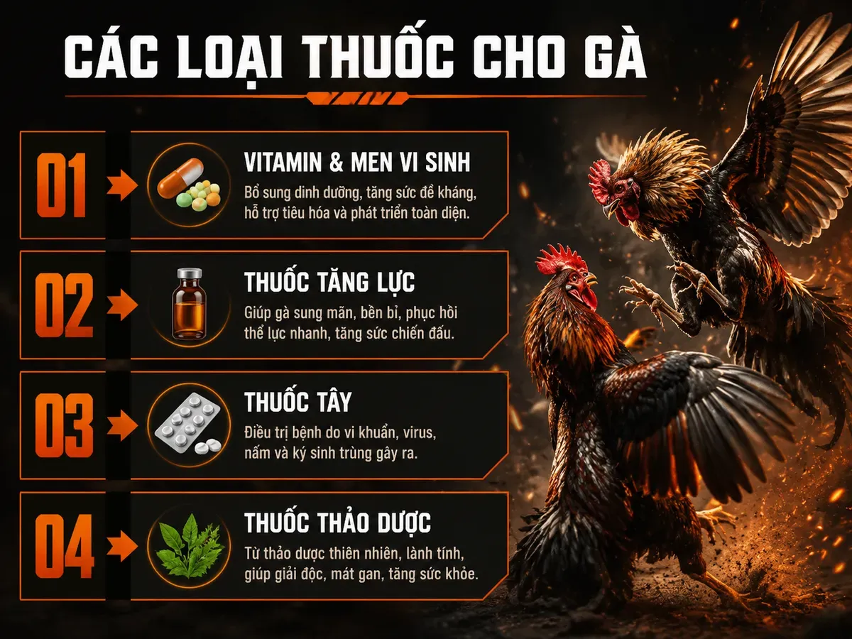 So sánh thuốc cho gà chiến: vitamin, men vi sinh, thuốc tăng lực, thuốc tây, thảo dược