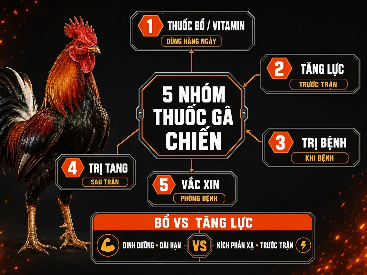 Infographic 5 nhóm thuốc gà chiến: thuốc bổ, tăng lực, trị bệnh, trị tang và vắc xin phòng bệnh