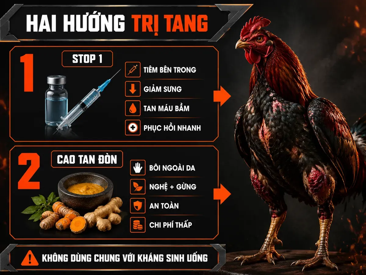 Infographic so sánh hai hướng trị tang cho gà chiến sau thi đấu: Stop 1 và cao tan đòn
