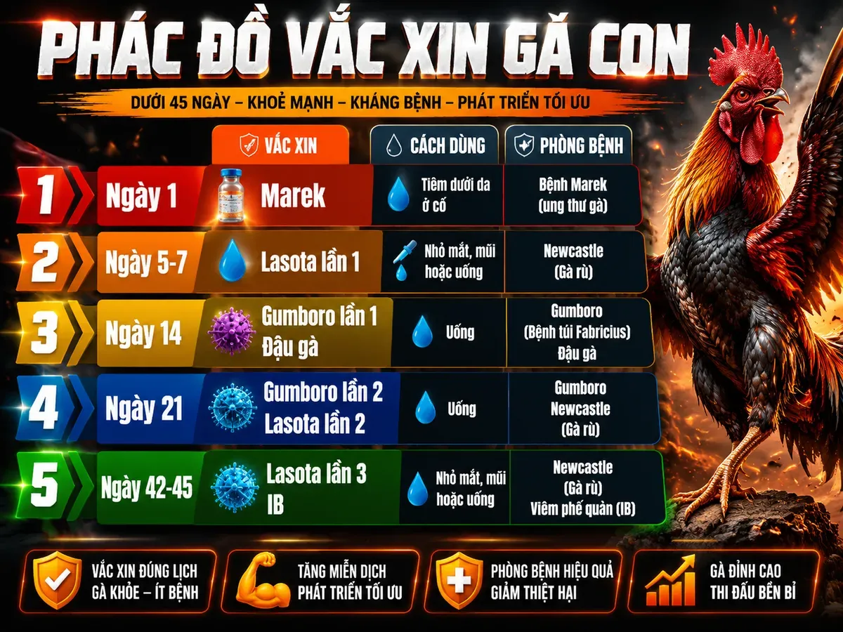 Phác đồ vắc xin gà con dưới 45 ngày, từng ngày tuổi, loại vắc xin, cách dùng, bệnh phòng, gà chiến oai vệ bên cạnh sơ đồ
