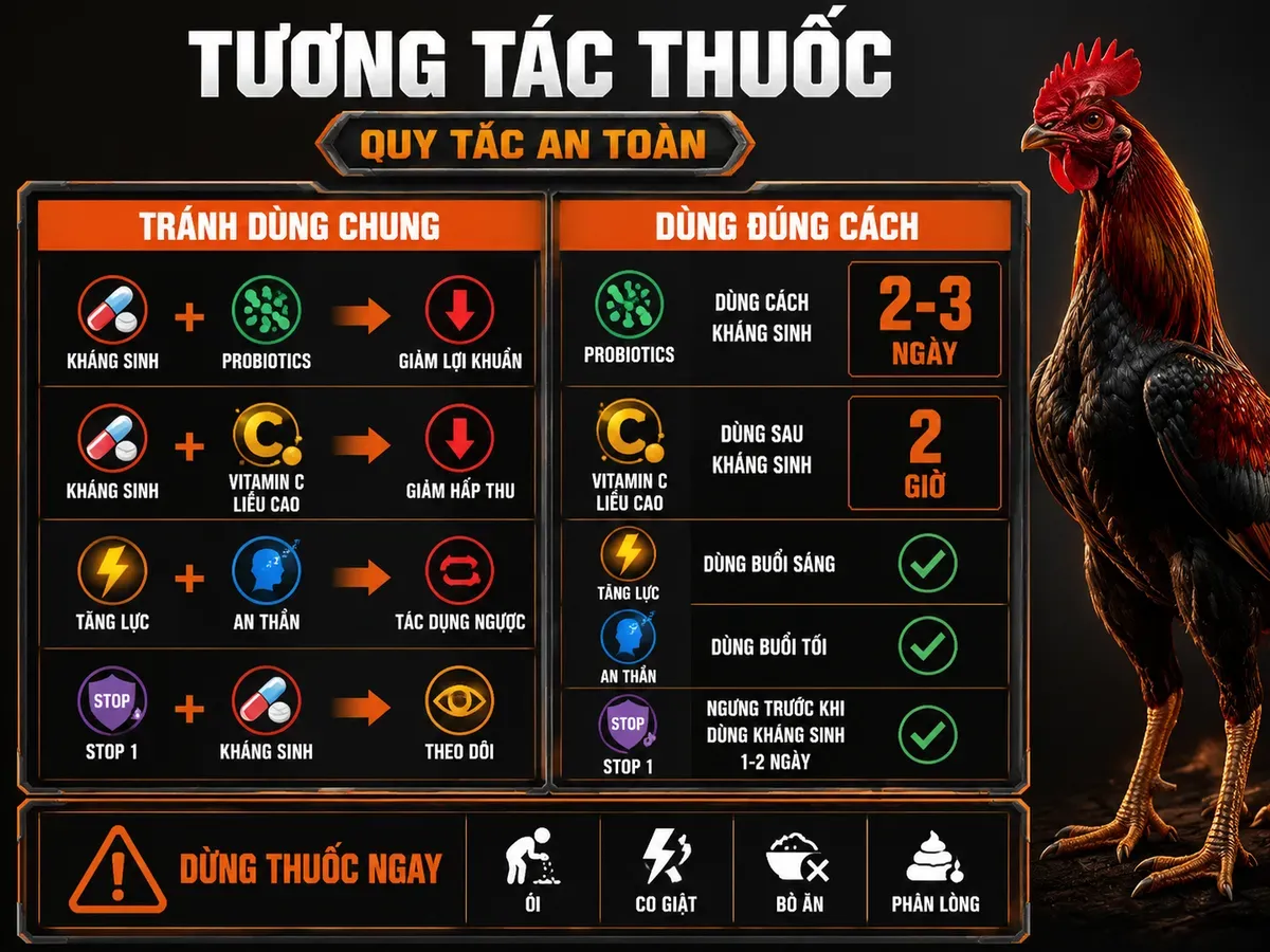 So sánh tương tác thuốc ở gà chiến: kháng sinh, probiotics, vitamin C và thuốc tăng lực