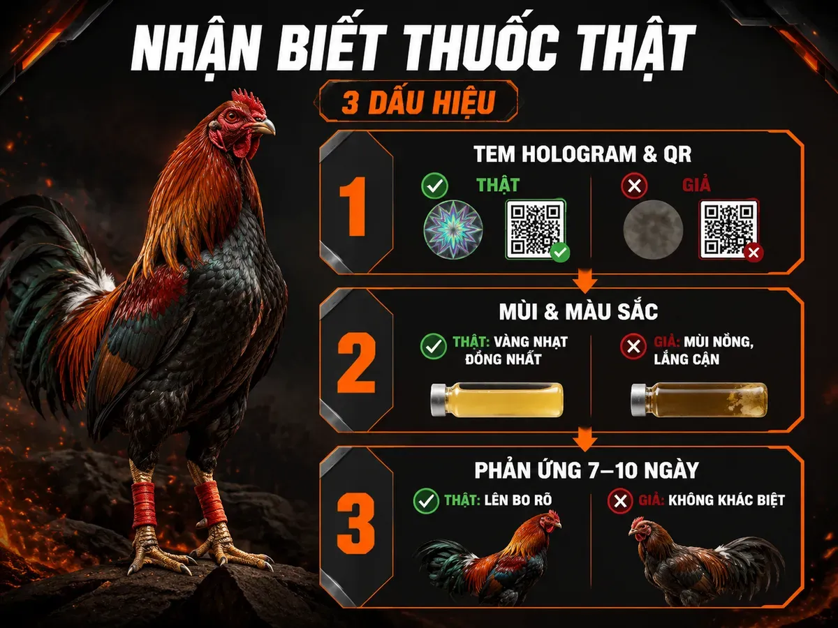 So sánh 3 dấu hiệu nhận biết thuốc gà Aminoplex Extra chính hãng và hàng giả bằng infographic thẻ xếp lớp