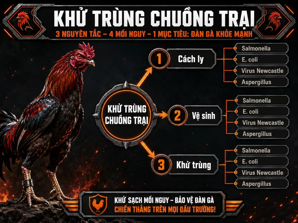 <vi SEO>Diagram minh họa các trụ cột an toàn sinh học trong nuôi gà chiến, trung tâm là khử trùng chuồng trại, nhánh toả các mầm bệnh cần kiểm soát