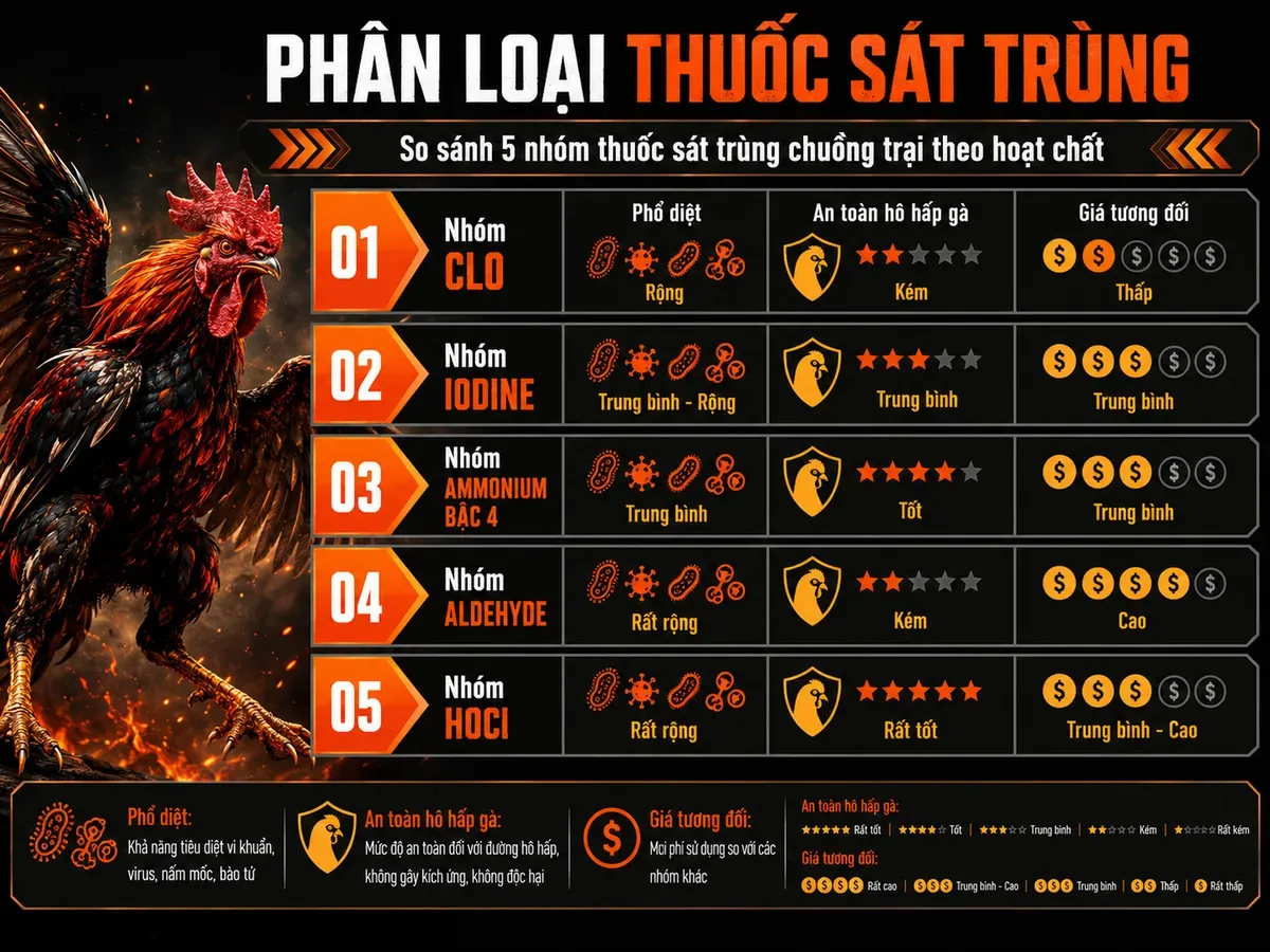 So sánh 5 nhóm thuốc sát trùng chuồng trại theo hoạt chất, phổ diệt, mức an toàn và giá cả cho gà