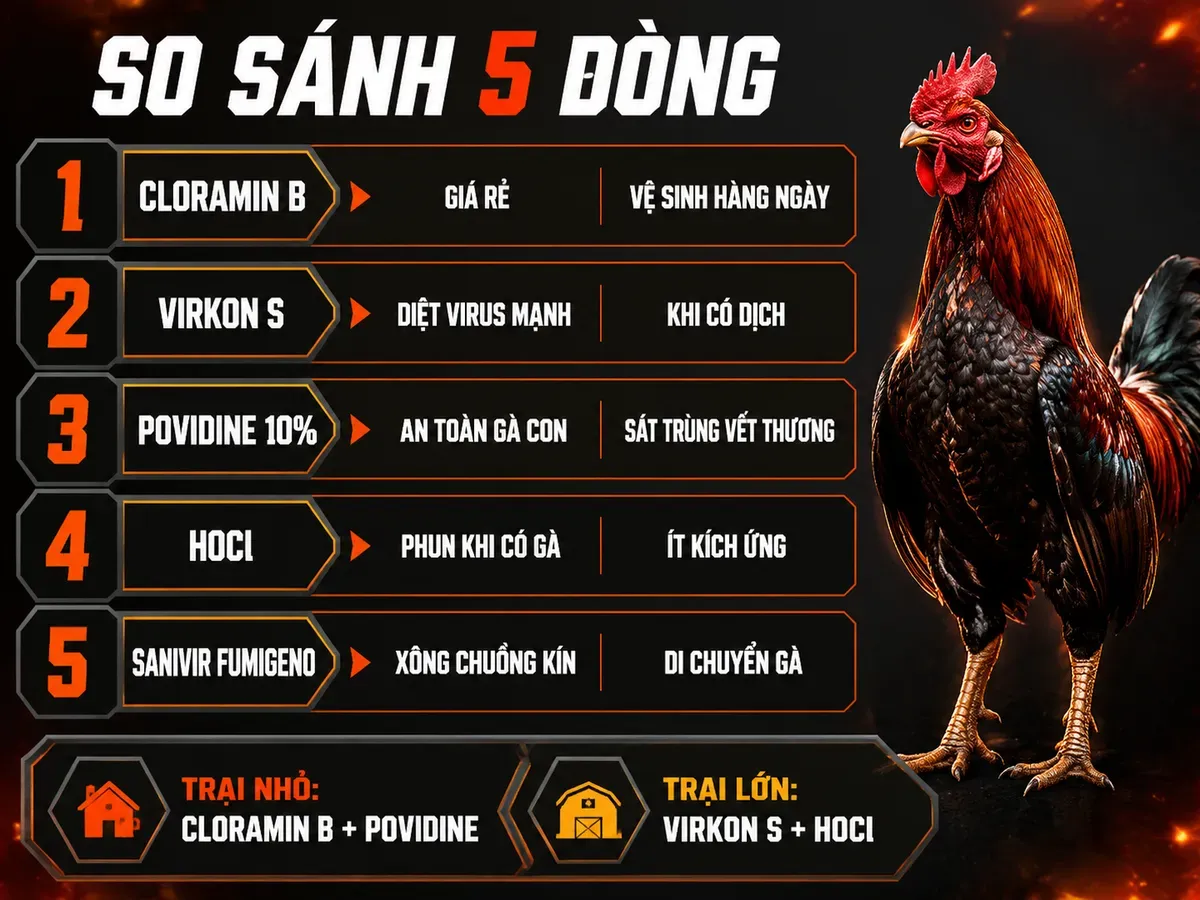 So sánh 5 thuốc khử trùng chuồng trại gà Cloramin B Virkon S Povidine HOCl Sanivir Fumigeno