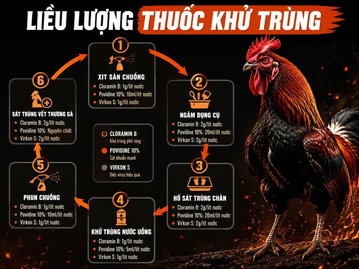 Bảng liều lượng pha thuốc khử trùng chuồng trại Cloramin B, Povidine, Virkon S cho gà chiến, dễ đọc, infographic vòng tròn.