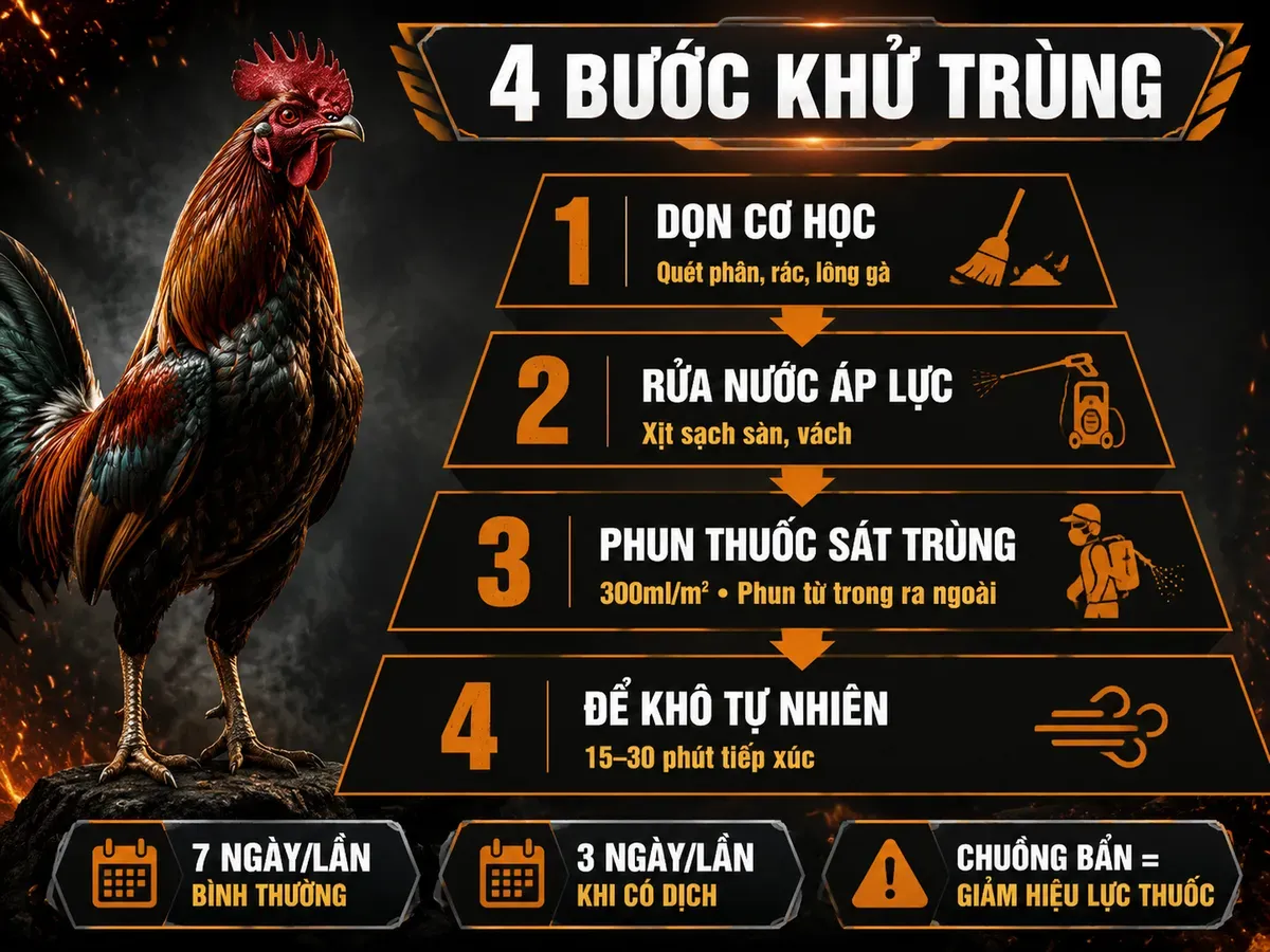 Infographic quy trình phun khử trùng chuồng gà 4 bước từ dọn cơ học đến để khô tự nhiên
