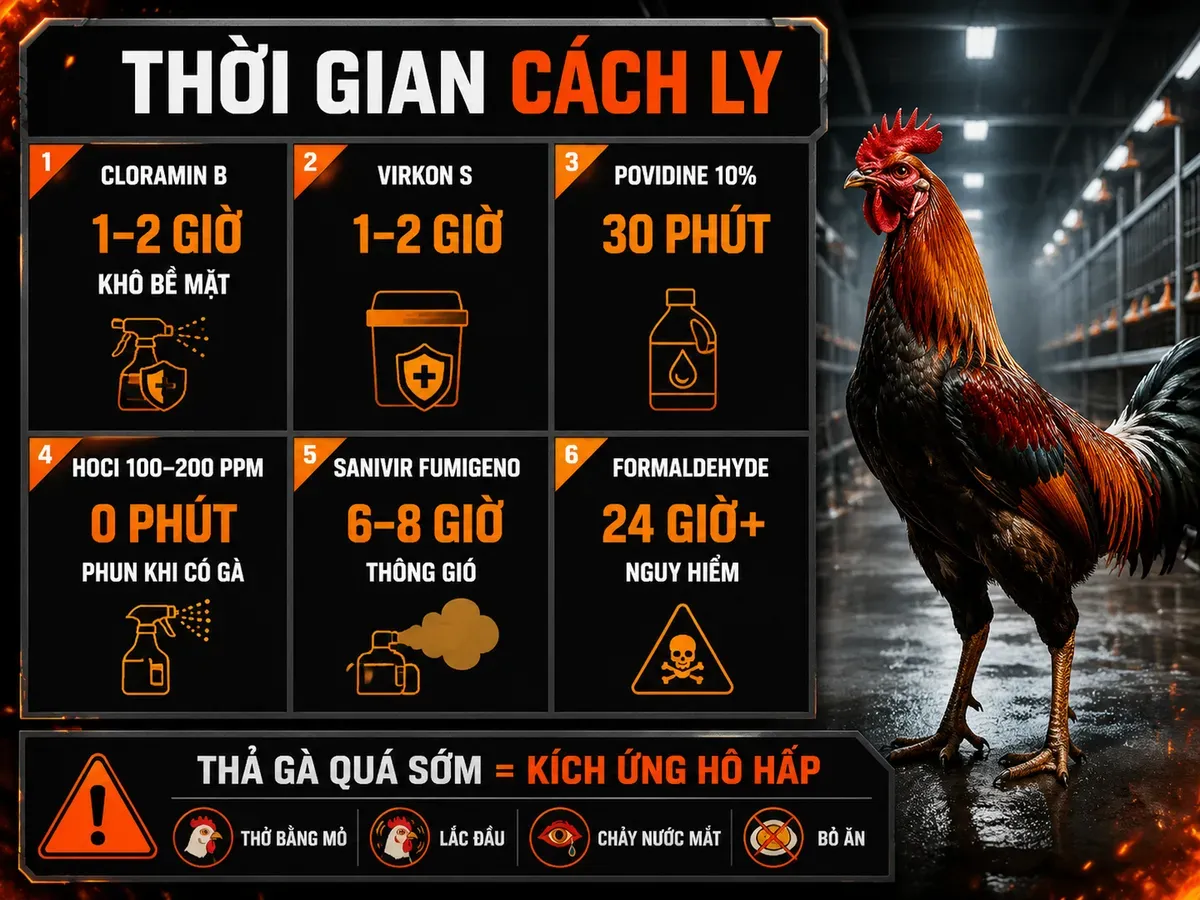 Infographic thời gian cách ly sau phun thuốc sát trùng chuồng trại cho gà, bảng so sánh Cloramin B, Virkon S, Povidine, HOCl, Sanivir Fumigeno và Formaldehyde.
