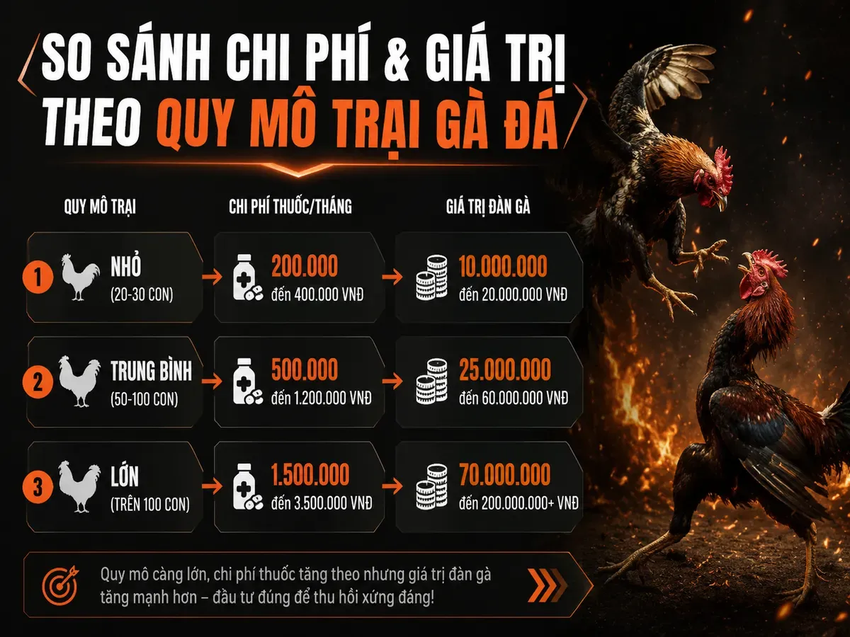 So sánh chi phí thuốc khử trùng trại gà chiến theo quy mô trại, nhấn mạnh tiết kiệm và giá trị đàn gà