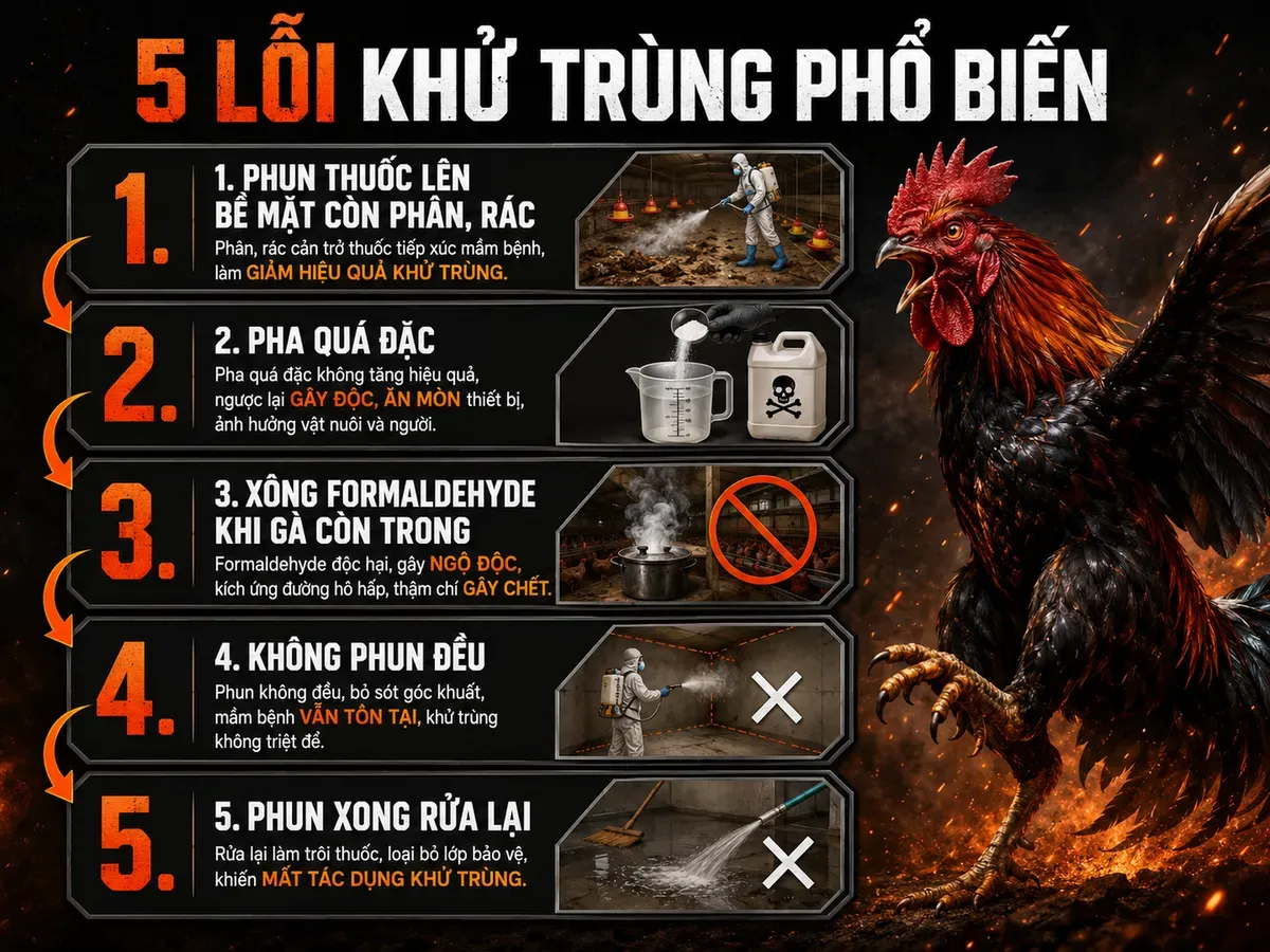 5 lỗi khử trùng chuồng gà thường gặp, cách khắc phục đúng, gà chiến oai vệ, infographic thẻ xếp lớp
