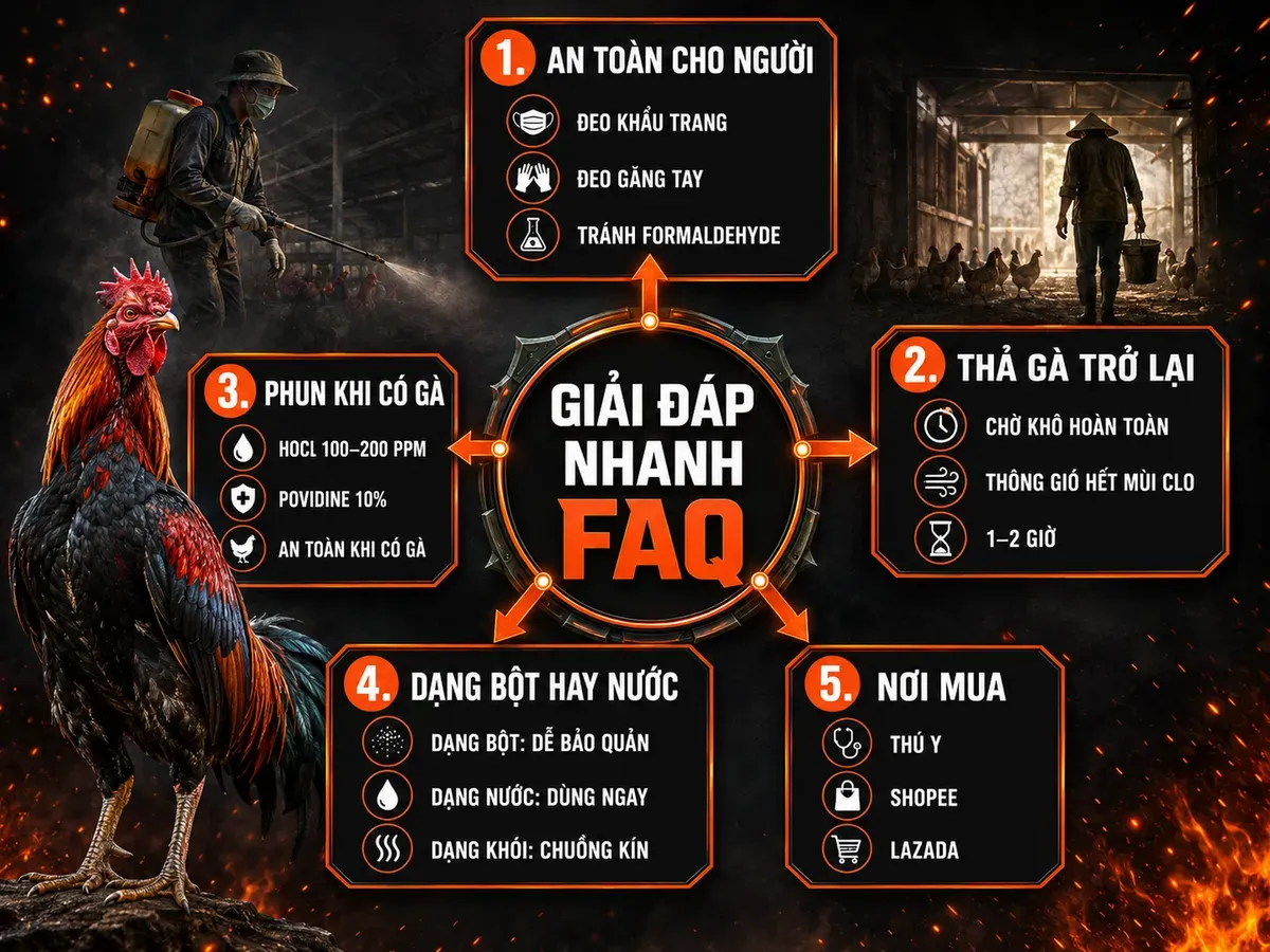Infographic giải đáp câu hỏi thường gặp về thuốc khử trùng chuồng trại cho gà với phân loại an toàn, thời gian chờ và dạng thuốc