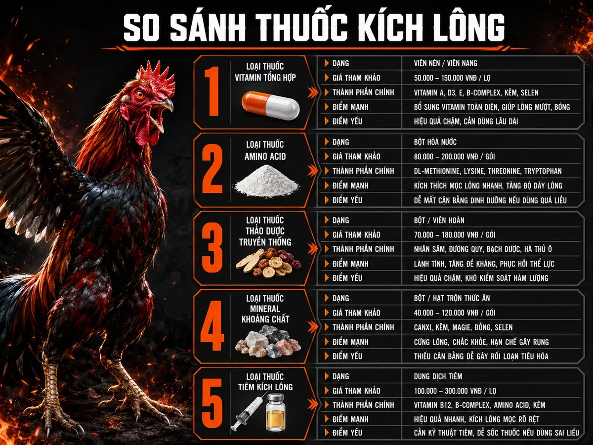 So sánh 5 loại thuốc kích lông gà phổ biến, thành phần, giá và điểm mạnh/yếu, minh họa trực quan