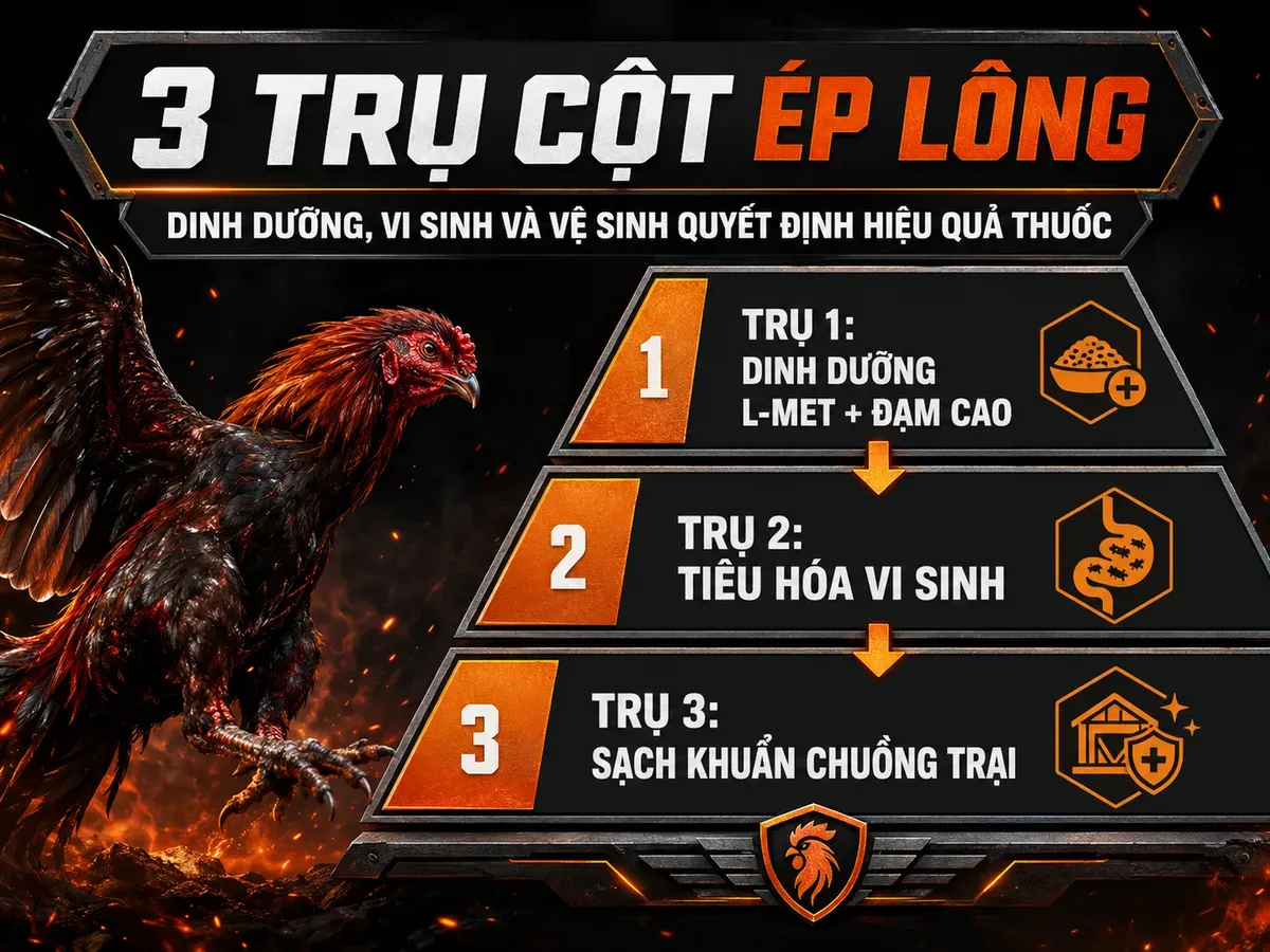 Minh họa 3 trụ cột ép lông gà: Dinh dưỡng, Vi sinh, Vệ sinh chuồng trại với hình kim tự tháp