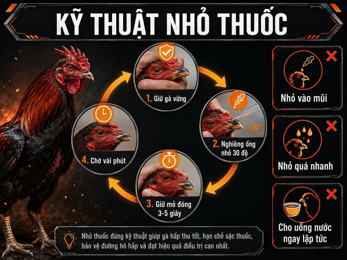 Hướng dẫn kỹ thuật nhỏ thuốc đúng cách cho gà chiến, bao gồm 4 bước và 3 sai lầm cần tránh, hình minh họa infographic vòng tròn.