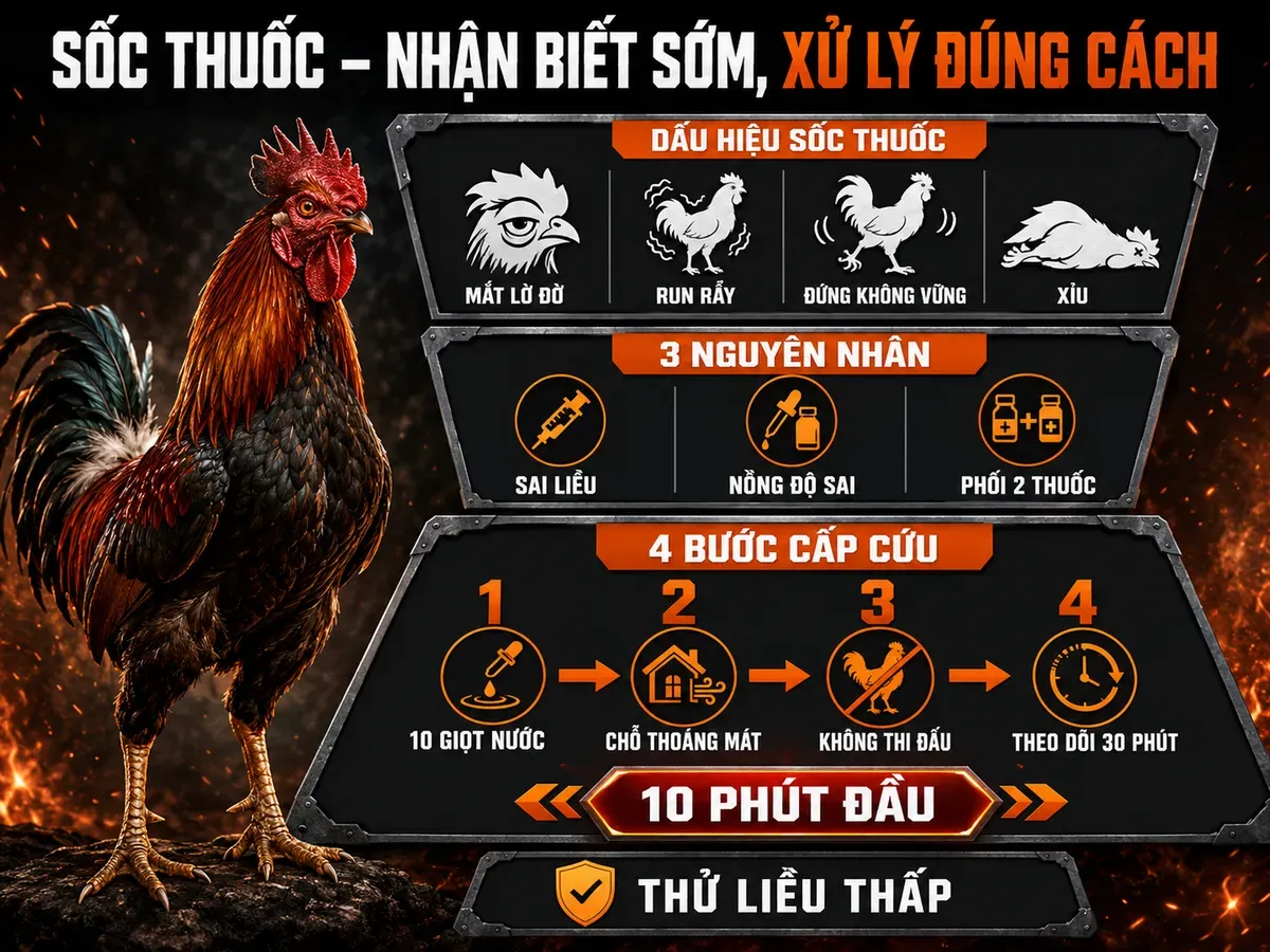 Infographic dấu hiệu sốc thuốc ở gà đá và 4 bước xử lý cấp cứu đúng cách